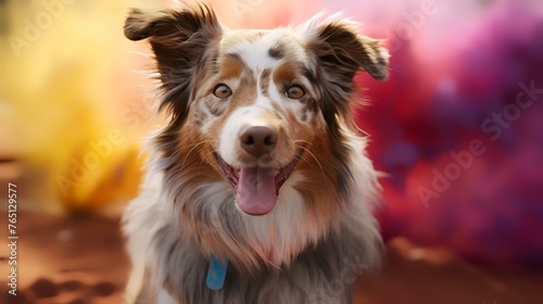 Portrait of beautiful Australian shepherd dog on color background. Space for text