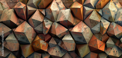 Geometric abstract mosaic with warm-toned textured cubes.