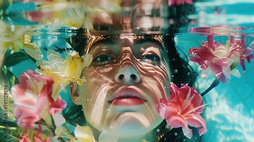 a woman is submerged in a pool of water with pink and yellow flowers in her hair and her face is partially submerged in water. photo