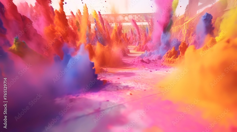 Colorful paint explosion in factory. Abstract background. 3D rendering.
