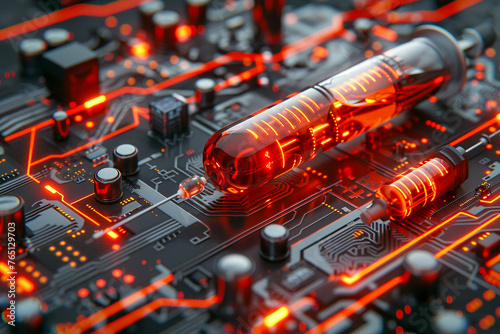 A glass tube with glowing elements on a red and black circuit board with electronic parts