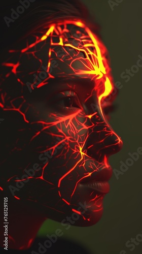 Artistic depiction of a woman's face with glowing red neon circuit patterns against a dark background