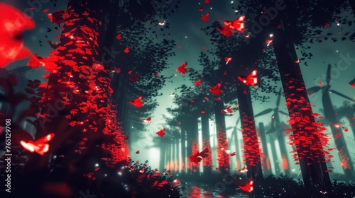 a forest filled with lots of red butterflies flying over a forest filled with lots of red butterflies flying over a forest filled with lots of red butterflies. photo