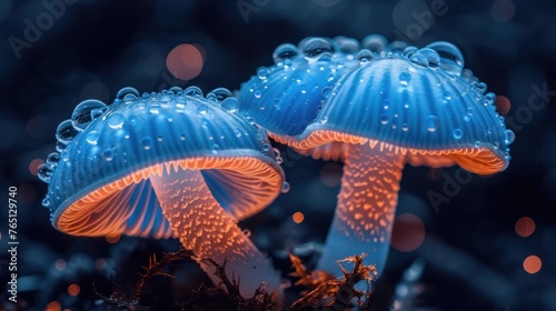 a couple of blue mushrooms sitting on top of a lush green forest filled with lots of leaves and small drops of water.
