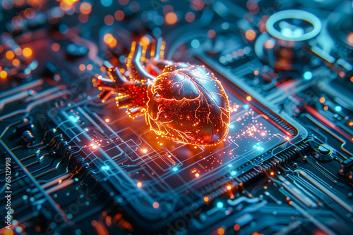 A glowing, stylized human heart over a blue circuit board with intricate electronics
