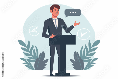 Confident businessman giving speech or presentation, public speaking skills, verbal communication in business meeting, sharing ideas with colleagues concept, man talking with speech bubbles and charts