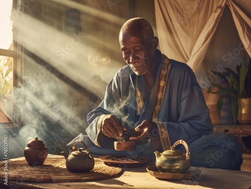 Elderly Asian Man in a Peaceful Tea Preparation Setting, Embodying Cultural Traditions