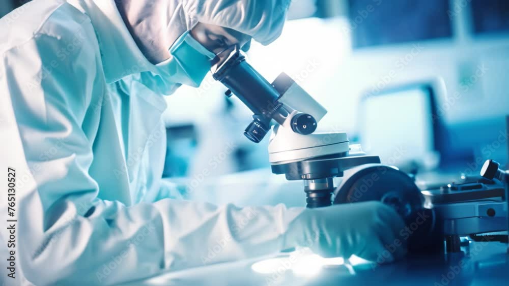 A scientist wearing a white lab coat is carefully observing a specimen using a microscope, scientist working with microscope in laboratory close up hands, AI Generated A scientist wearing a white lab coat is carefully observing a specimen using a microscope, scientist working with microscope in laboratory close up hands, AI Generated