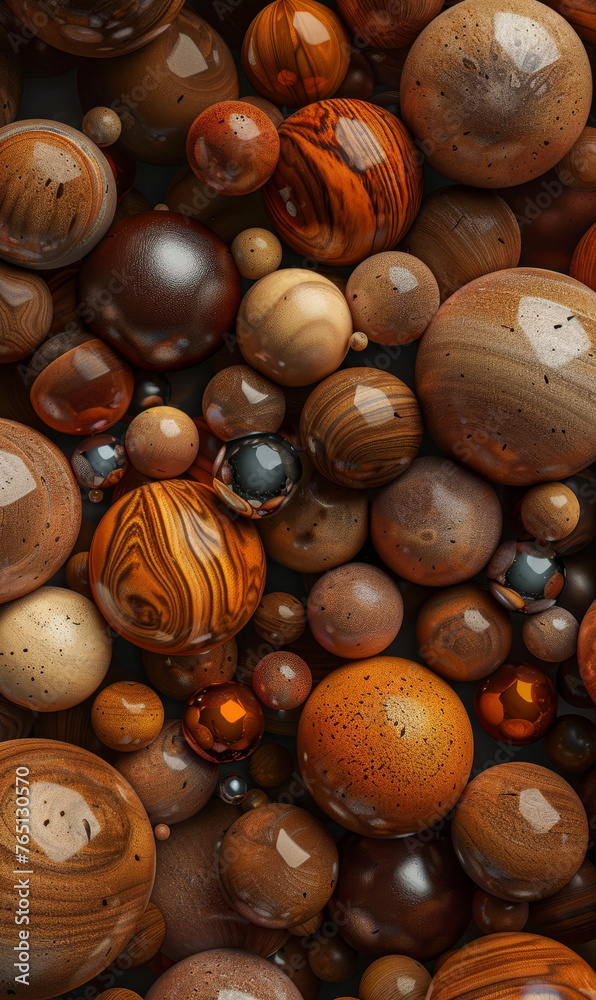 Cluster of wooden spheres with various textures and patterns in close detail. Cluster of wooden spheres with various textures and patterns in close detail.