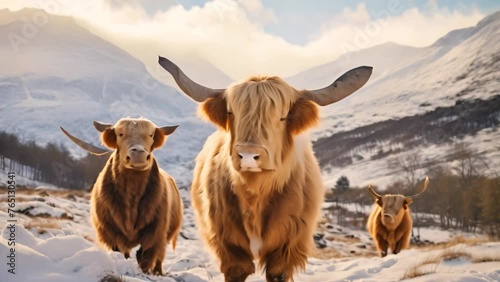 A group of cattle standing together on a field covered in snow, Scottish highlanders in a natural winter landscape, AI Generated photo