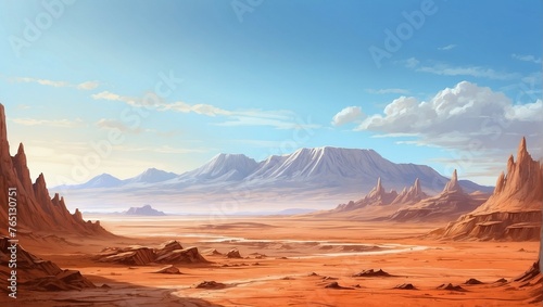 a landscape with hills of rusty sand and a distant view of a huge ancient volcano