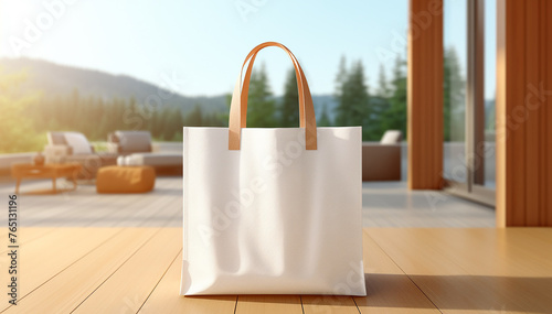 Mockup shopper tote bag handbag on luxury villa background. Copy space shopping eco reusable bag. Grocery accessories. Template blank cotton material canvas cloth. Tote bag mockup. photo