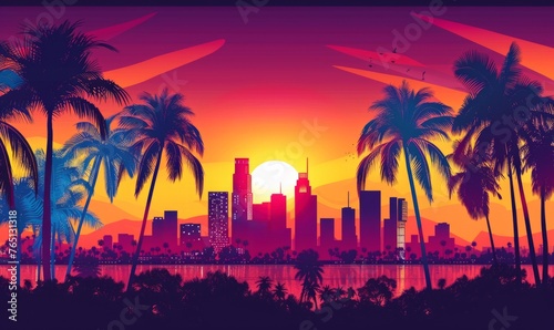 city skyline with sunset, orange and purple sky, palm trees Generative AI