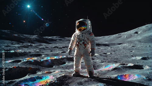 Astronaut steht auf dem Mond mit farbig bunt glitzernden Kristallen