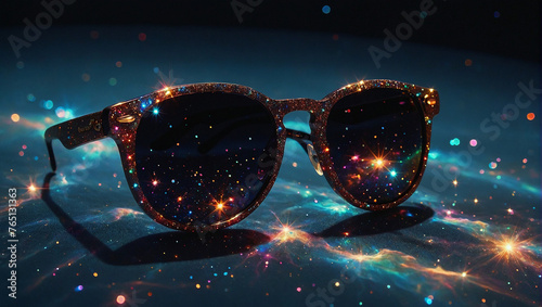 Glitzernde Sonnenbrille im leuchtenden Weltall mit Galaxien und Sternen