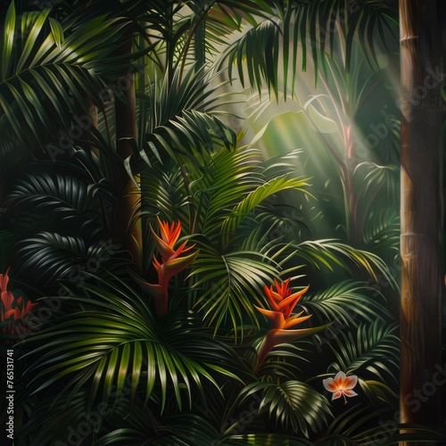 a painting of tropical plants and flowers with sunlight coming through the leaves of the trees and behind them is a bird of paradise.