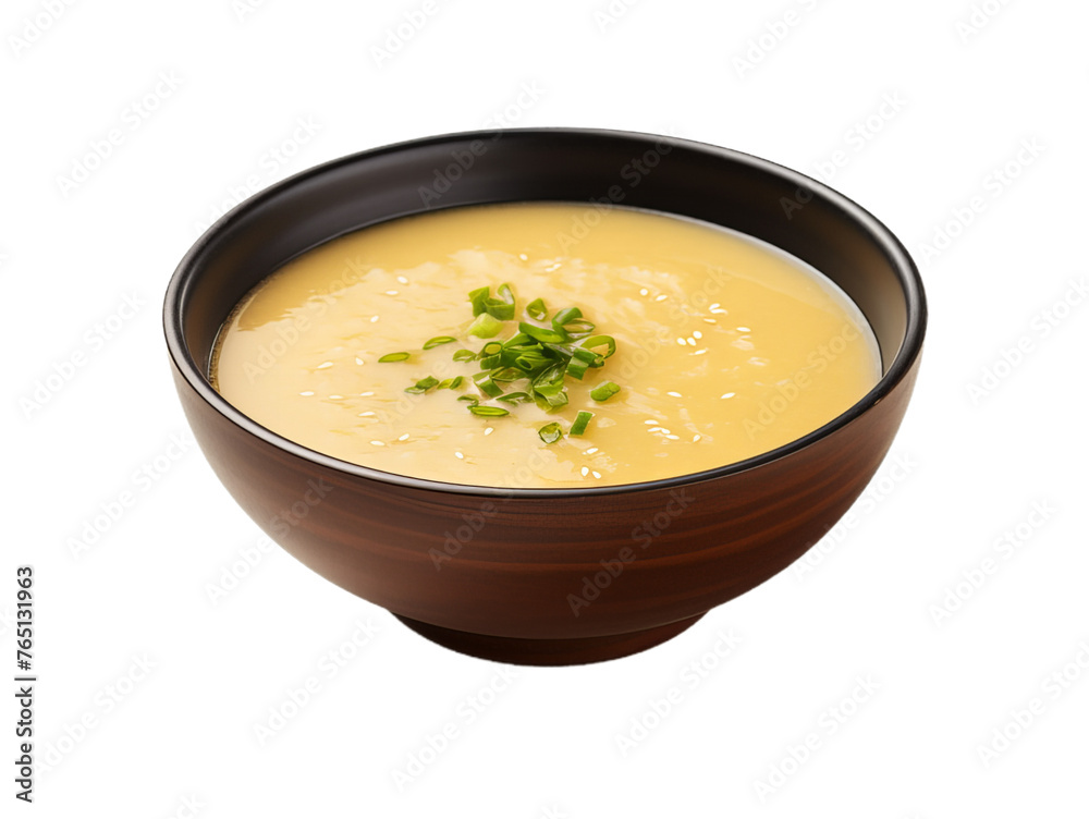 A close up of the tradition soup of Japan on brown bowl isolated on transparent background A close up of the tradition soup of Japan on brown bowl isolated on transparent background