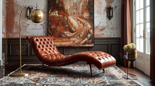 A leather chaise lounge in cognac brown, accompanied by a plush area rug and a brass floor lamp