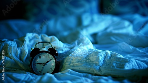 Close-up of a vintage alarm clock on a ruffled bedsheet, indicating a late hour in a dimly lit room, Sleeplessness and Circadian Rhythm Disorder, delayed sleep-phase syndrome, DSPS concept photo