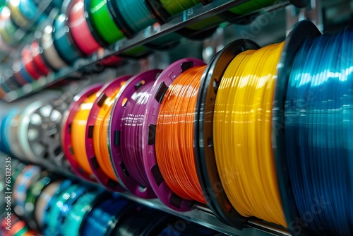 Colorful Plastic Filaments on D Printer Spools: A Showcase of Thermoplastic Materials for Additive Manufacturing. Concept Thermoplastic Filament, 3D Printer Materials, Additive Manufacturing