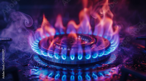 Close-up of a gas burner with a blue flame on a stove.