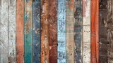 Rustic wooden fence background with peeling paint in various colors. The boards are arranged vertically and have a rough, weathered texture.