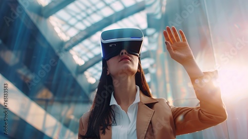 a woman wearing VR glasses enjoys virtual world reality