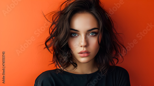 Portrait of a beautiful young brunette woman with blue eyes on orange background