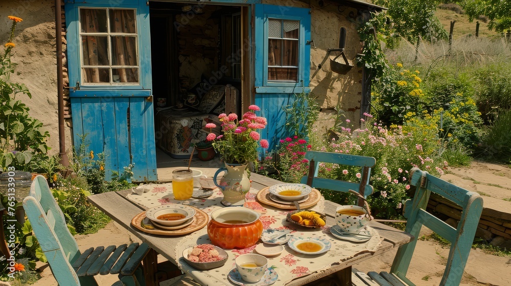 a table with plates and bowls of food on it in front of a building with a blue door and window.