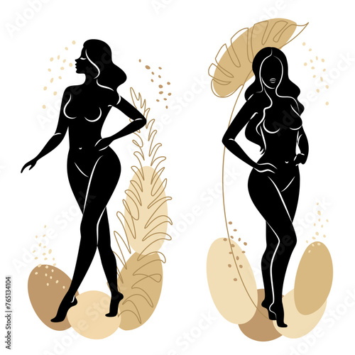 PrintCollection. Silhouette of a cute lady and plant leaves. The girl is standing. The woman has a beautiful naked figure. She is young and slim. Vector illustration set