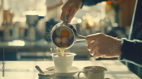 a person pouring eggs into a cup with a saucer on a table next to a cup with a saucer on it. photo