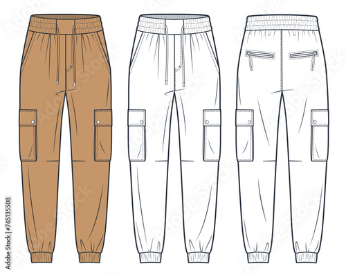 Leather Jogger Pants technical fashion illustration. Denim Pants fashion flat technical drawing template, elastic waistband, front and back view, white, camel brown, women, men, unisex CAD mockup set.