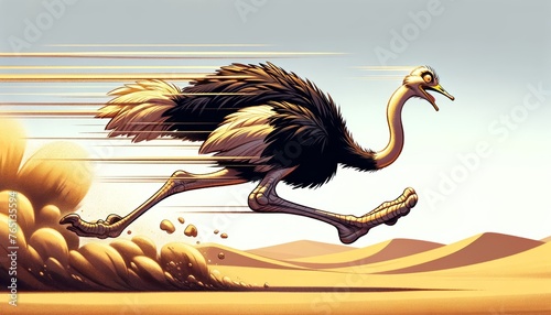 Cartoon ostrich running in a desert landscape photo