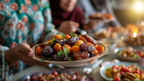 Close-up dates fruit dish Eid Mubarak Muslim Asia family have Iftar dinner