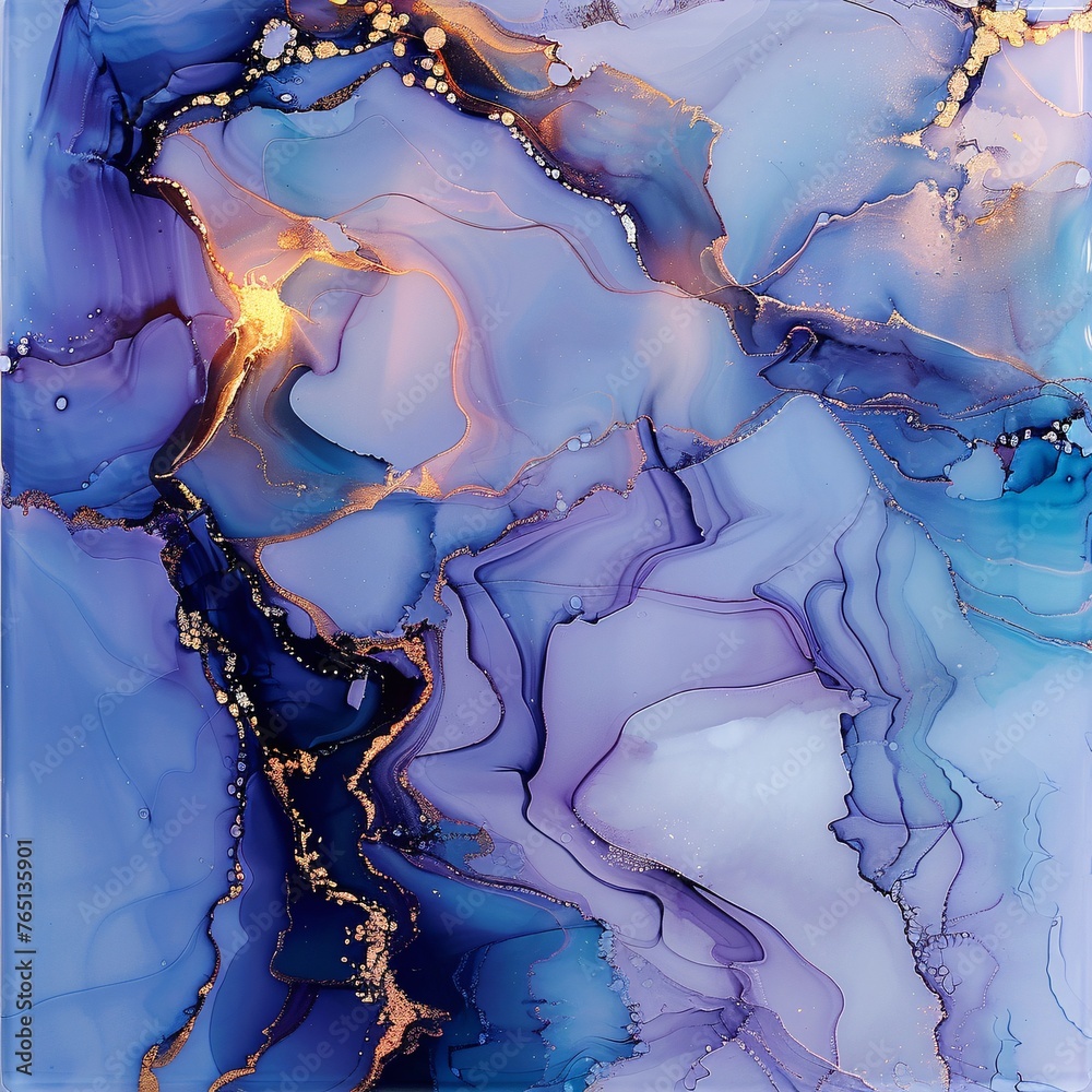 Fototapeta premium A luxury abstract fluid art painting in alcohol ink, with a mesmerizing mixture of blue and purple, and golden veins mimicking marble