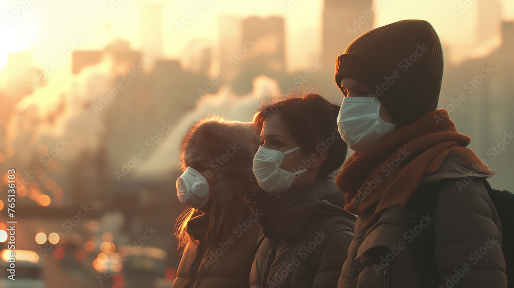 People in Masks During Winter Sunset in City