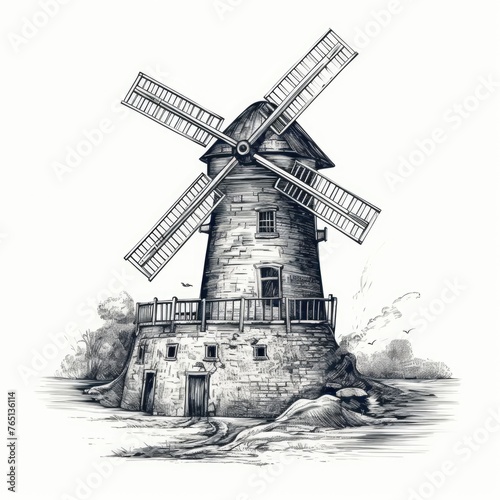 Mill gravure. Line ink sketch of the windmill