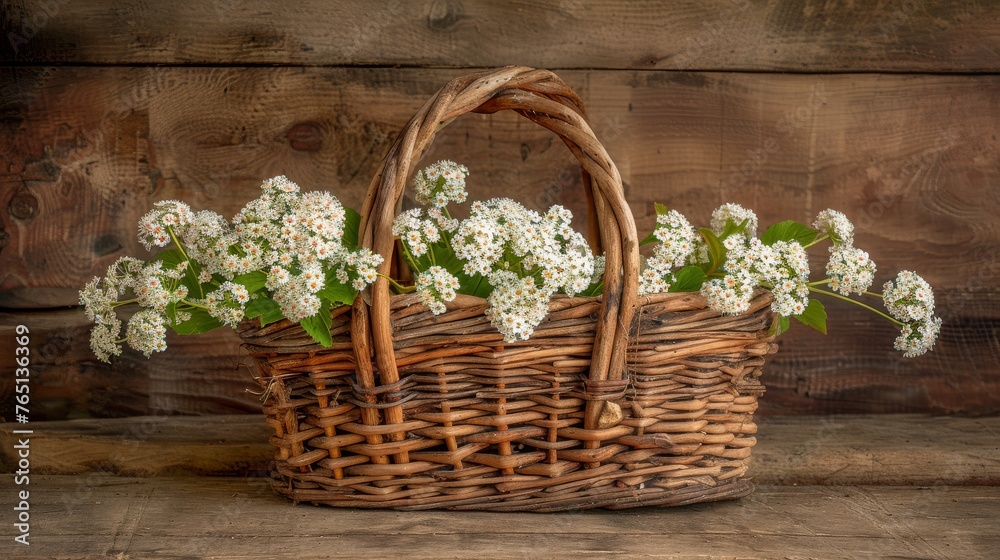 a wicker basket filled with white flowers on top of a wooden table in front of a wood paneled wall. a wicker basket filled with white flowers on top of a wooden table in front of a wood paneled wall.