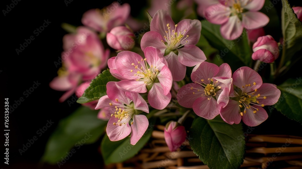 Obraz premium a basket filled with lots of pink flowers on top of a wooden table next to a green leafy plant.