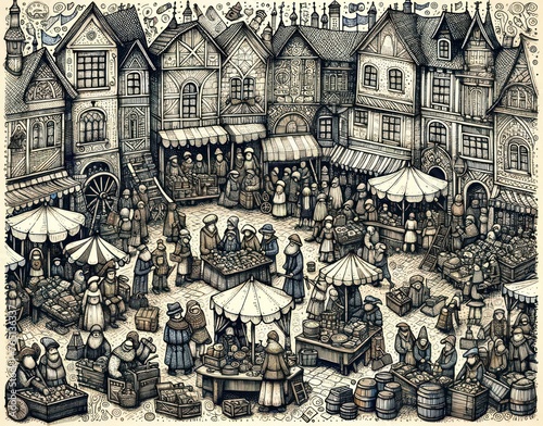 Bustling Medieval Market Scene with Artisan Stalls and Townspeople photo