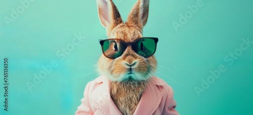 Easter background: Portrait of cute funny rabbit in sunglasses and pastel suit on green background, Easter concept