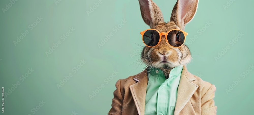 Easter background: Portrait of cute funny rabbit in sunglasses and pastel suit on green background, Easter concept - obrazy, fototapety, plakaty 
