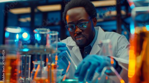 A Scientist Engaged in a Critical Experiment Amidst Colorful Chemicals in a Modern Lab, innovative research