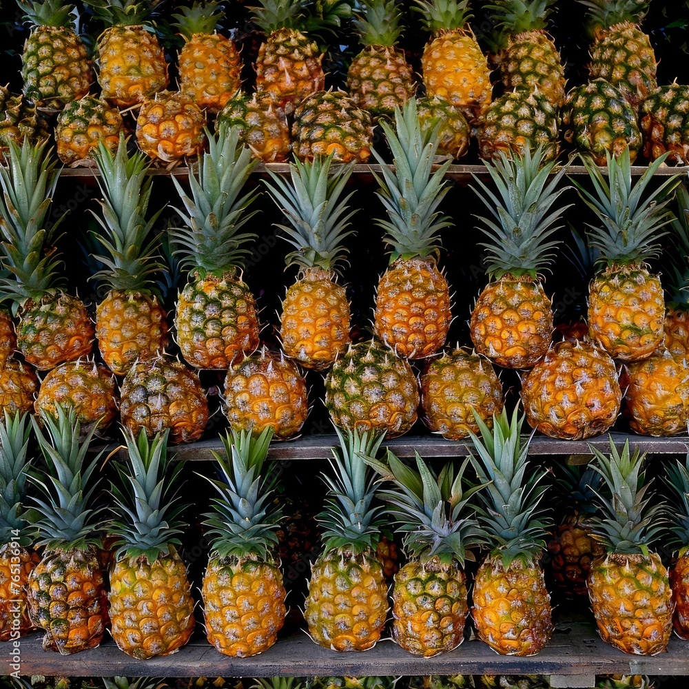 a bunch of pineapples sitting on a shelf in a grocery store in front of a wall of other pineapples. a bunch of pineapples sitting on a shelf in a grocery store in front of a wall of other pineapples.