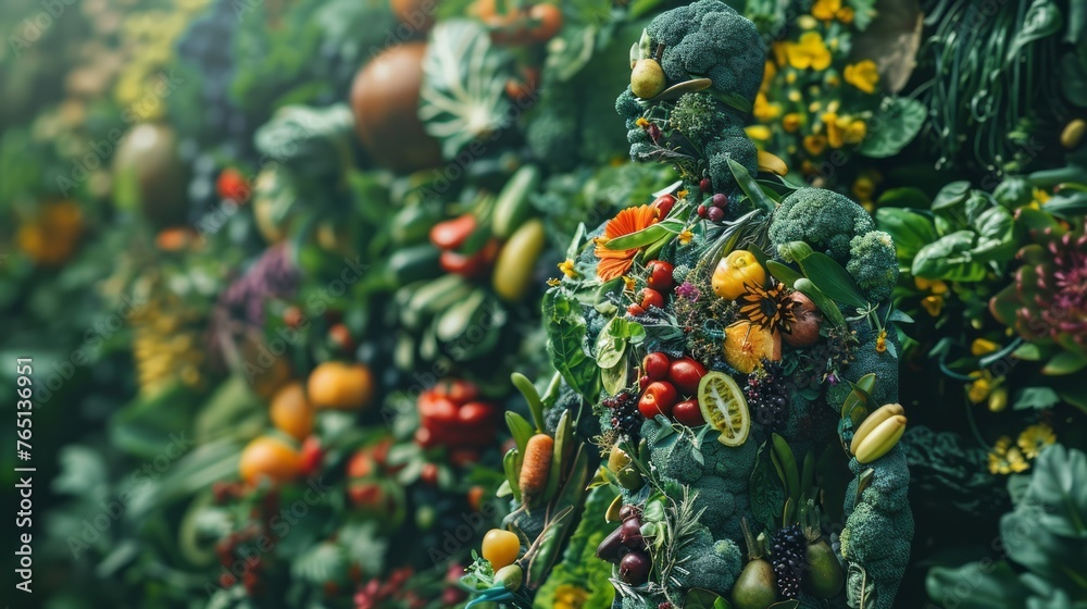 Human Anatomy Composed of Healthy Vegetables and Fruits in a Natural Scene - obrazy, fototapety, plakaty 