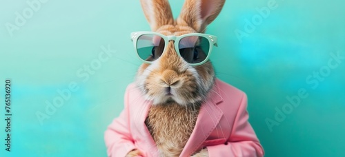 Easter background: Portrait of cute funny rabbit in sunglasses and pastel suit on green background, Easter concept