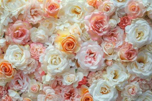 Assortment of delicate pastel roses close-up - Close-up image showcasing a plethora of soft pastel-colored roses filling the entire frame