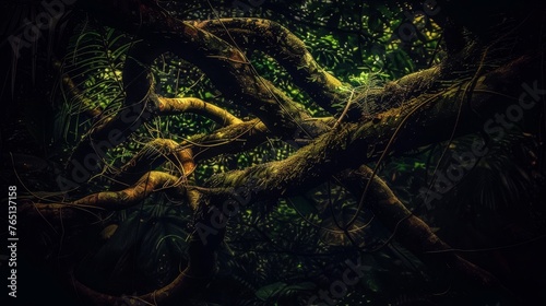 a painting of a tree branch in the middle of a forest with lots of green leaves on the tree branches.
