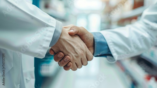Pharmacist Handshake Signifying Teamwork and Agreement in a Pharmacy