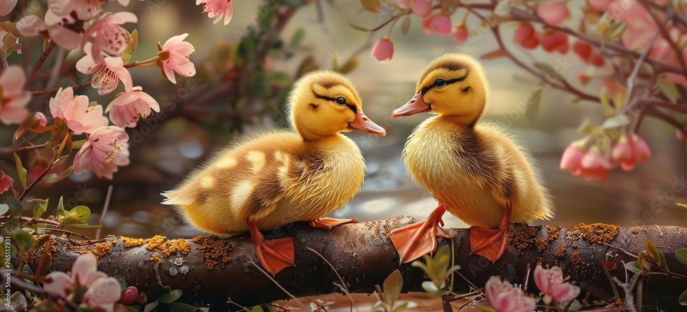 Easter background: Two yellow fluffy ducklings sitting on a log in a spring garden with blooming flowers Easter background: Two yellow fluffy ducklings sitting on a log in a spring garden with blooming flowers